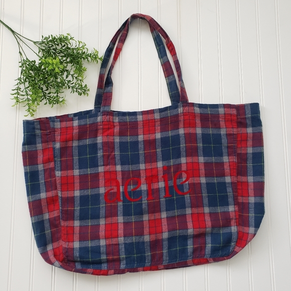 aerie Handbags - Aerie Red Navy Plaid Flannel Logo Large Tote Bag